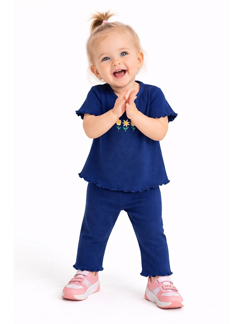 Lacivert Çiçek Nakışlı Fırfır Detaylı Kız Bebek 2’li Takım-1