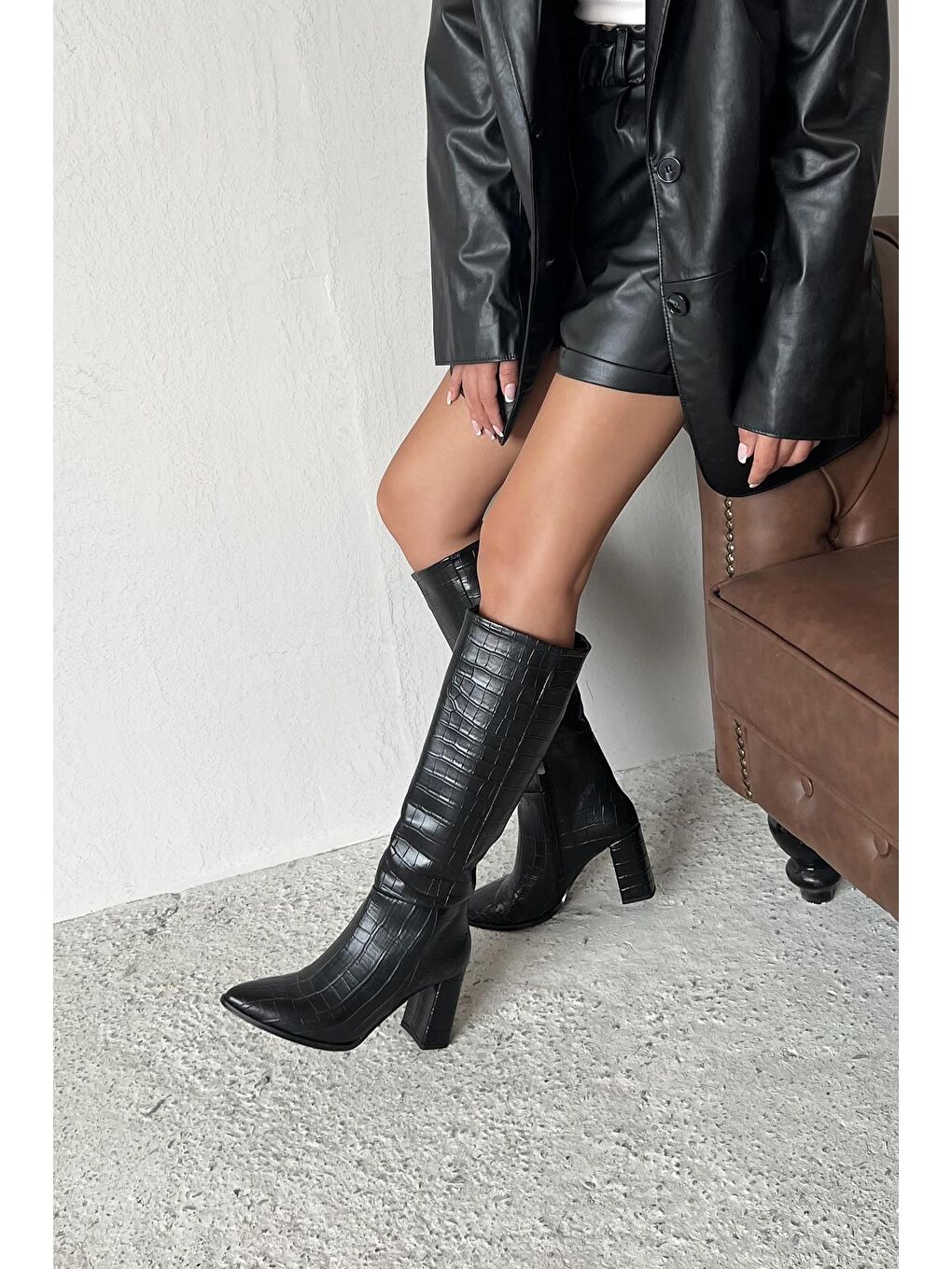 Sawyer  Kadın  Sivri  Burun Kroko Çizme Siyah-2