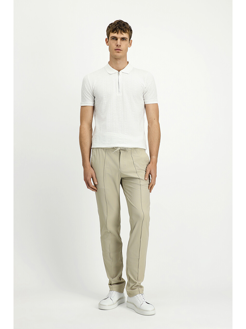 Ekru Techno-Line Super Slim Fit Ekstra Dar Kesim Elastanlı Beli Lastikli İpli Klasik Kumaş Pantolon-2