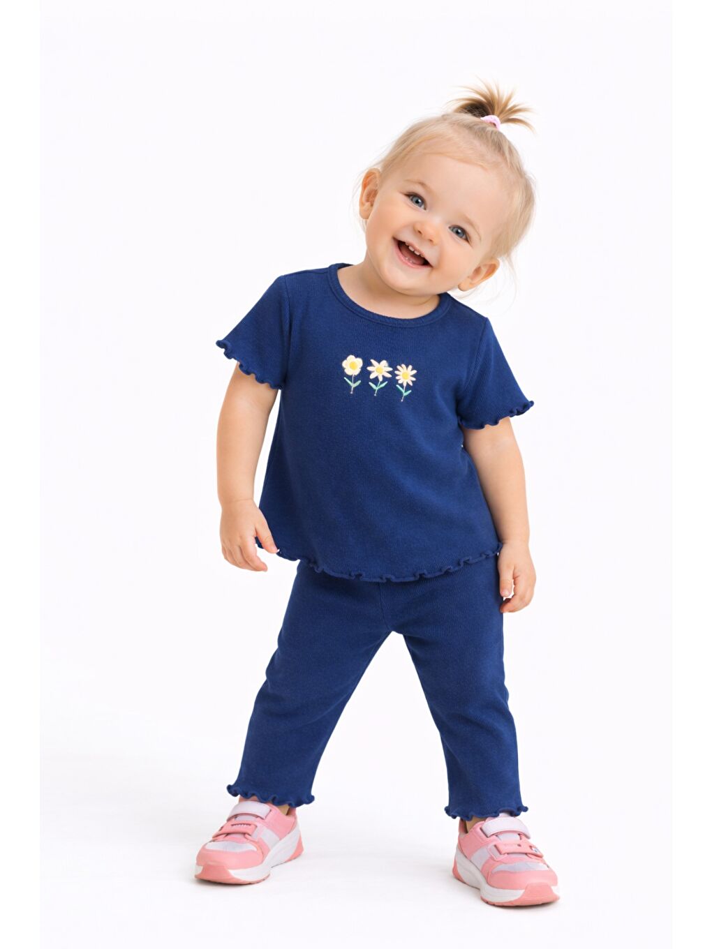 Lacivert Çiçek Nakışlı Fırfır Detaylı Kız Bebek 2’li Takım-2