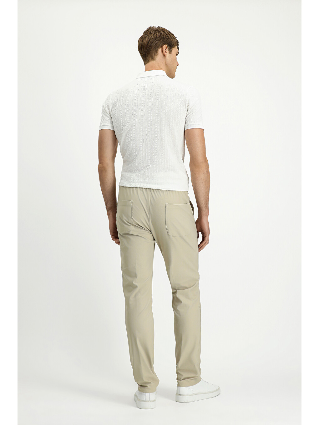Ekru Techno-Line Super Slim Fit Ekstra Dar Kesim Elastanlı Beli Lastikli İpli Klasik Kumaş Pantolon-3
