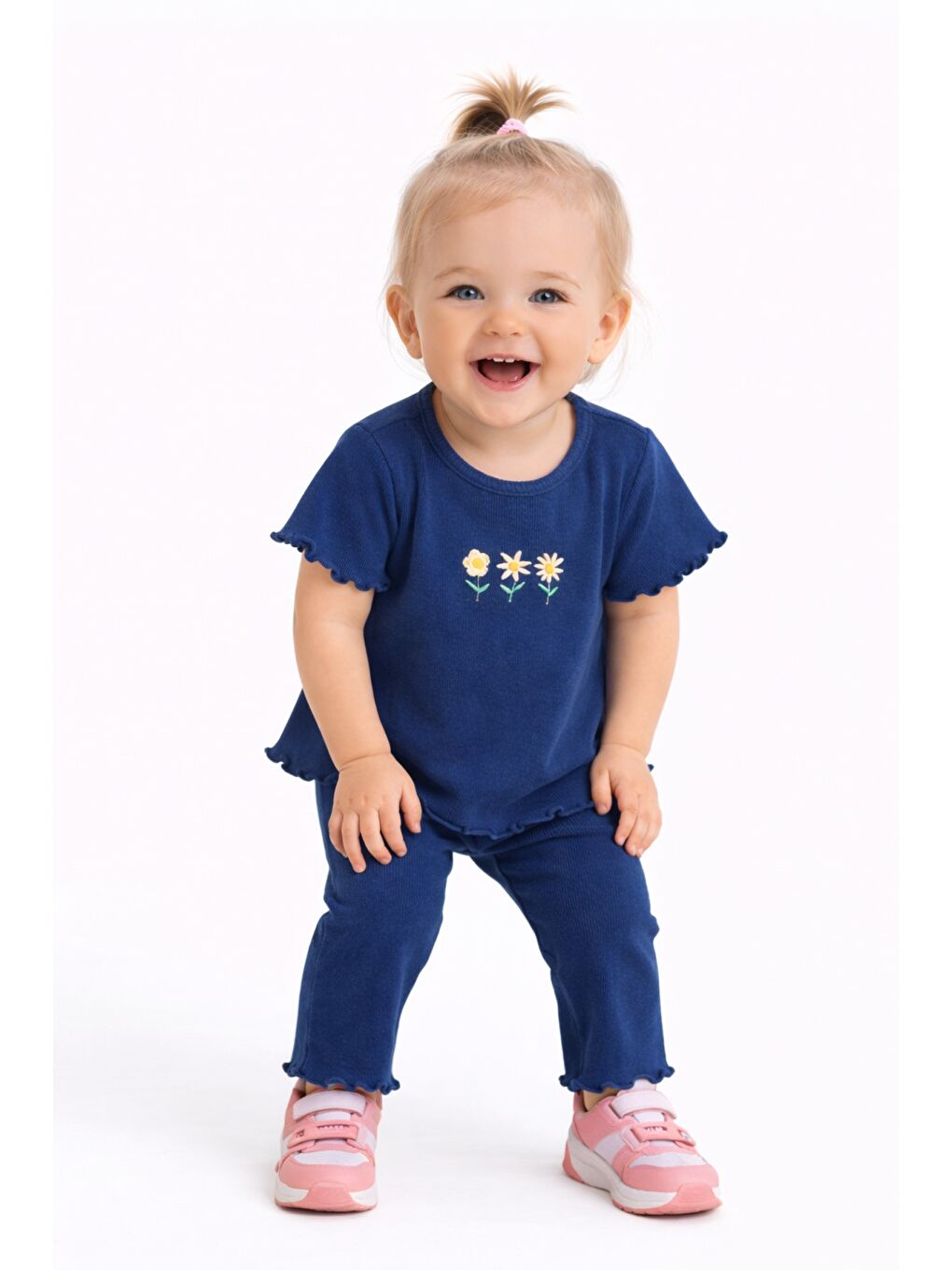 Lacivert Çiçek Nakışlı Fırfır Detaylı Kız Bebek 2’li Takım-3