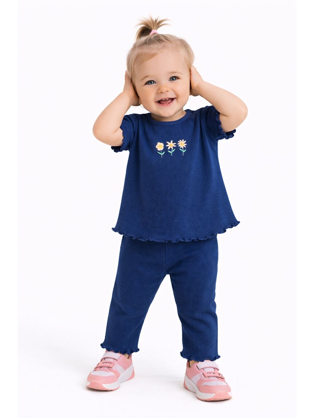 Lacivert Çiçek Nakışlı Fırfır Detaylı Kız Bebek 2’li Takım-4