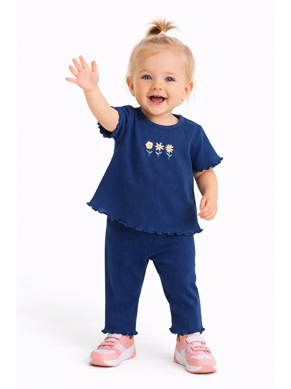 Lacivert Çiçek Nakışlı Fırfır Detaylı Kız Bebek 2’li Takım-5