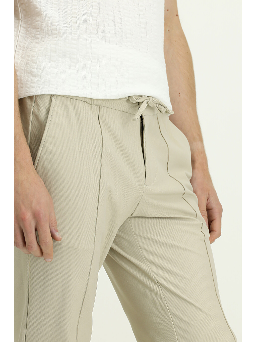 Ekru Techno-Line Super Slim Fit Ekstra Dar Kesim Elastanlı Beli Lastikli İpli Klasik Kumaş Pantolon-4