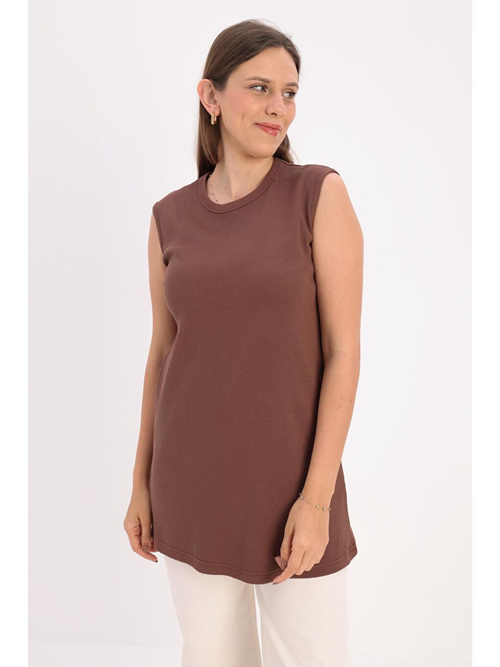 Kahverengi Açık Kahve Pamuklu Fitilli Kolsuz Tişört