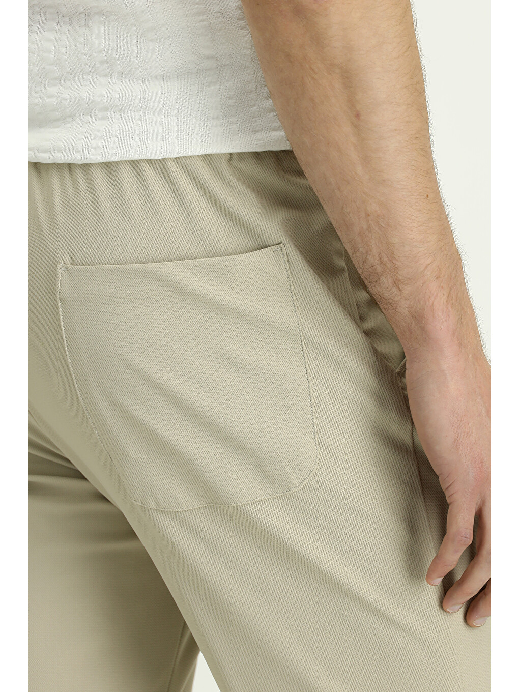 Ekru Techno-Line Super Slim Fit Ekstra Dar Kesim Elastanlı Beli Lastikli İpli Klasik Kumaş Pantolon-5