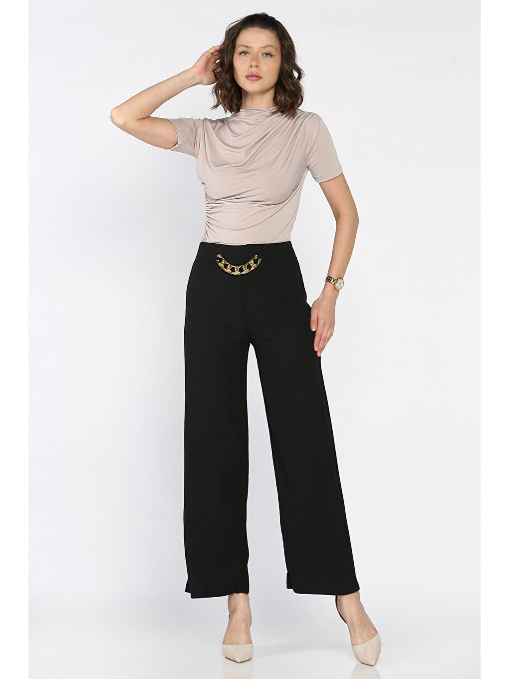 Siyah Kadın Bel Lastikli Zincir Aksesuarlı Pantolon