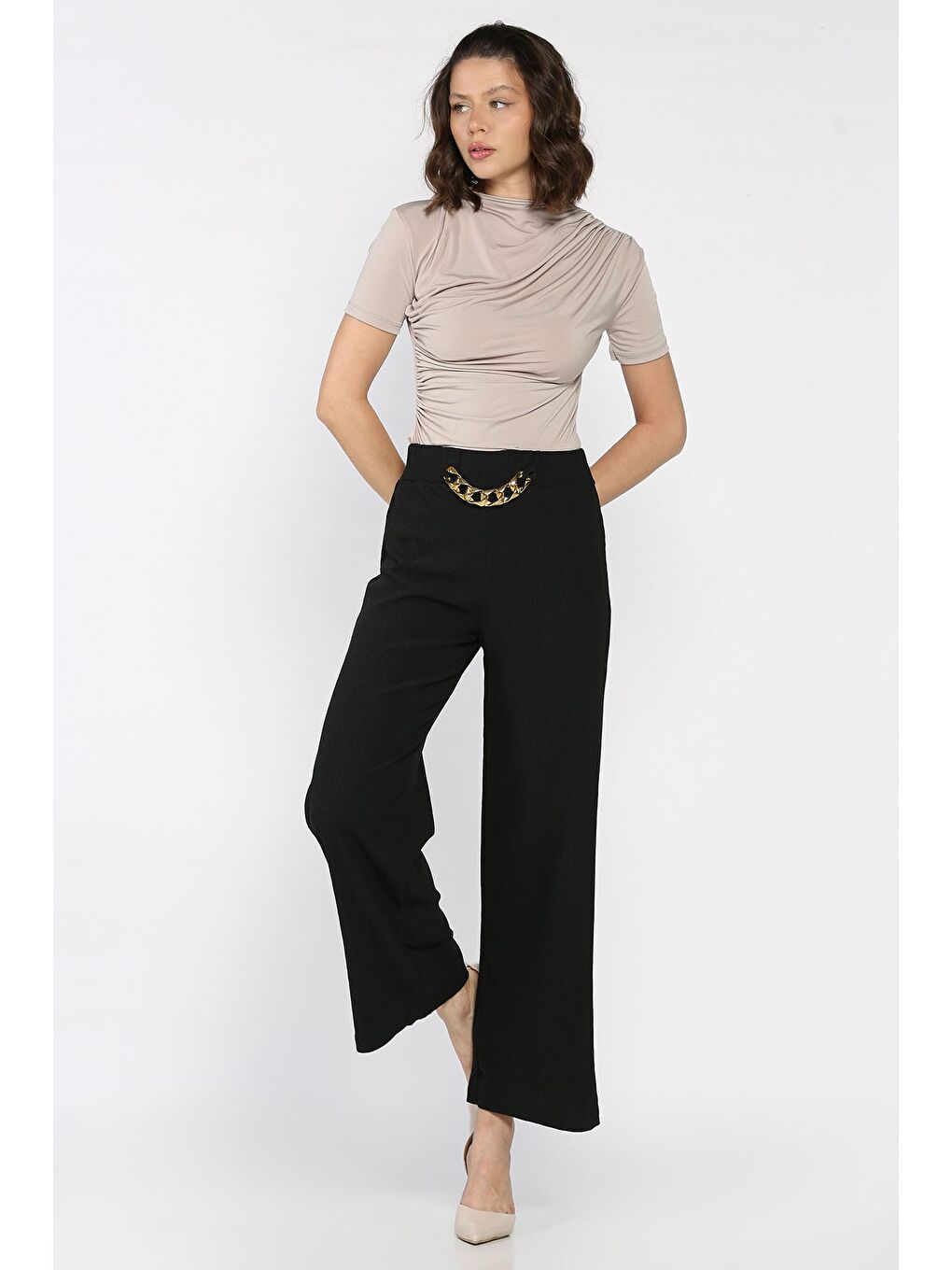 Siyah Kadın Bel Lastikli Zincir Aksesuarlı Pantolon-1