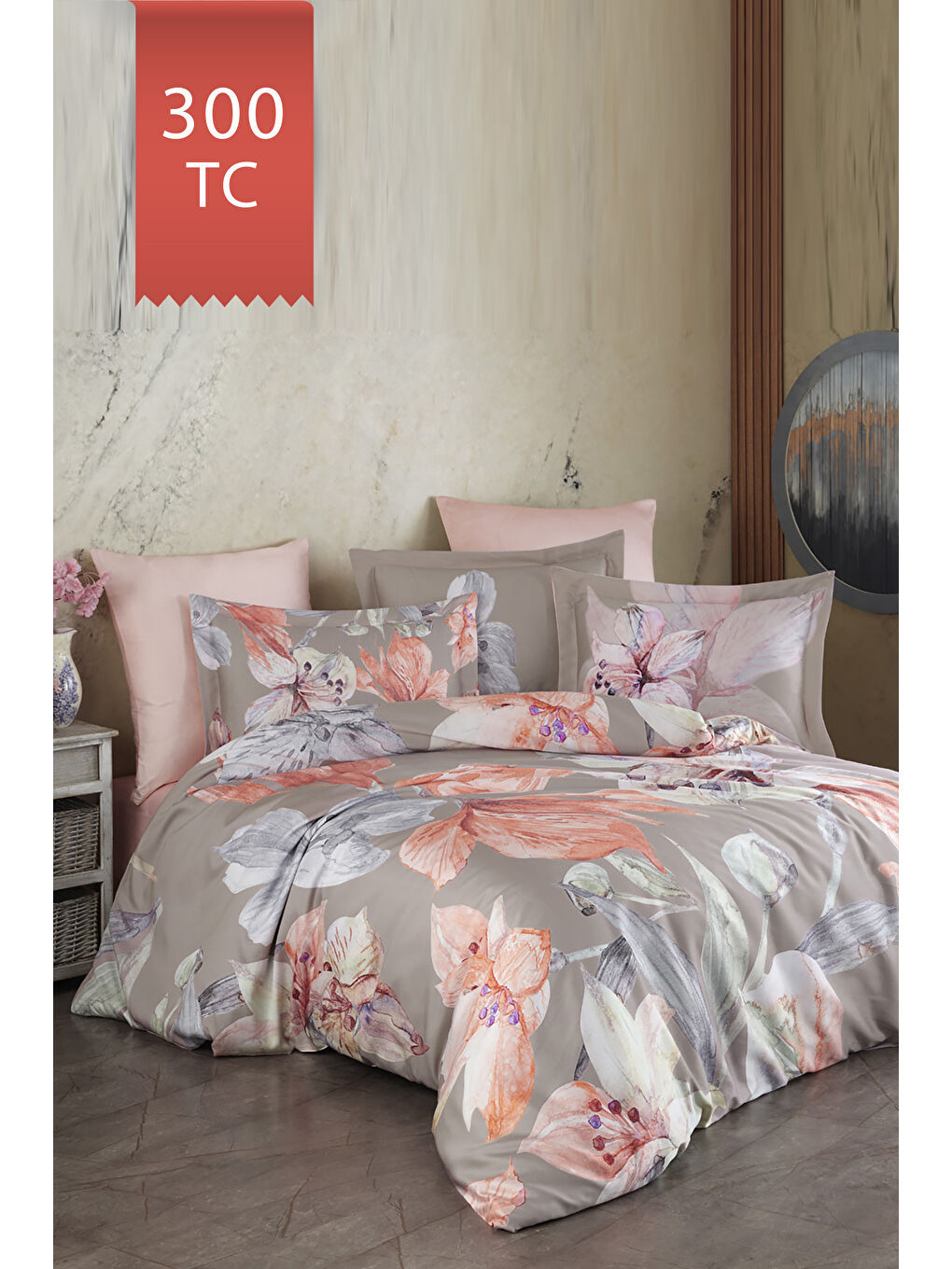 Karışık Royal Saten 300TC Nevresim Takımı (Çift Nevresimli) Family Size - ERİCA