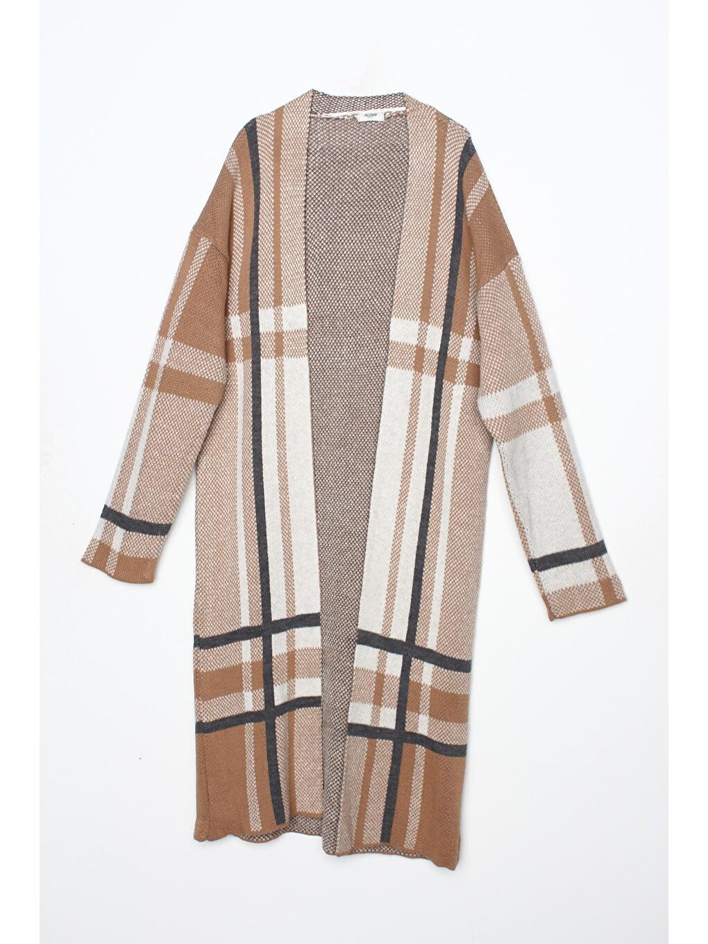 Kahverengi Sütlü Kahve Büyük Ekose Desenli Triko Hırka-4