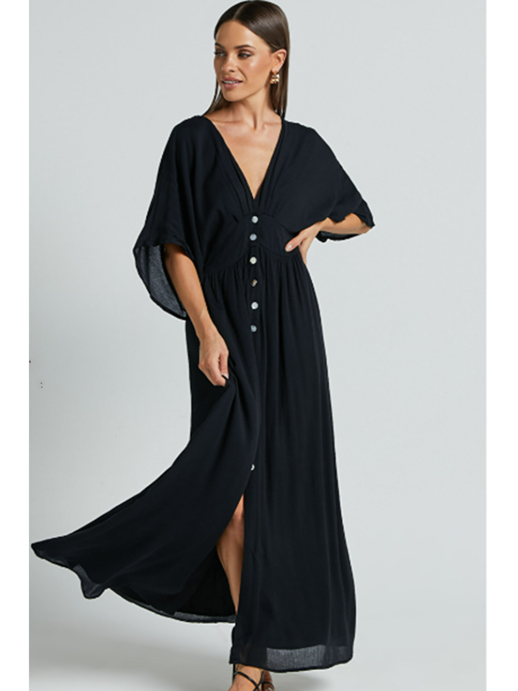 Siyah V Yaka Düğmeli Elbise Mg2339-11