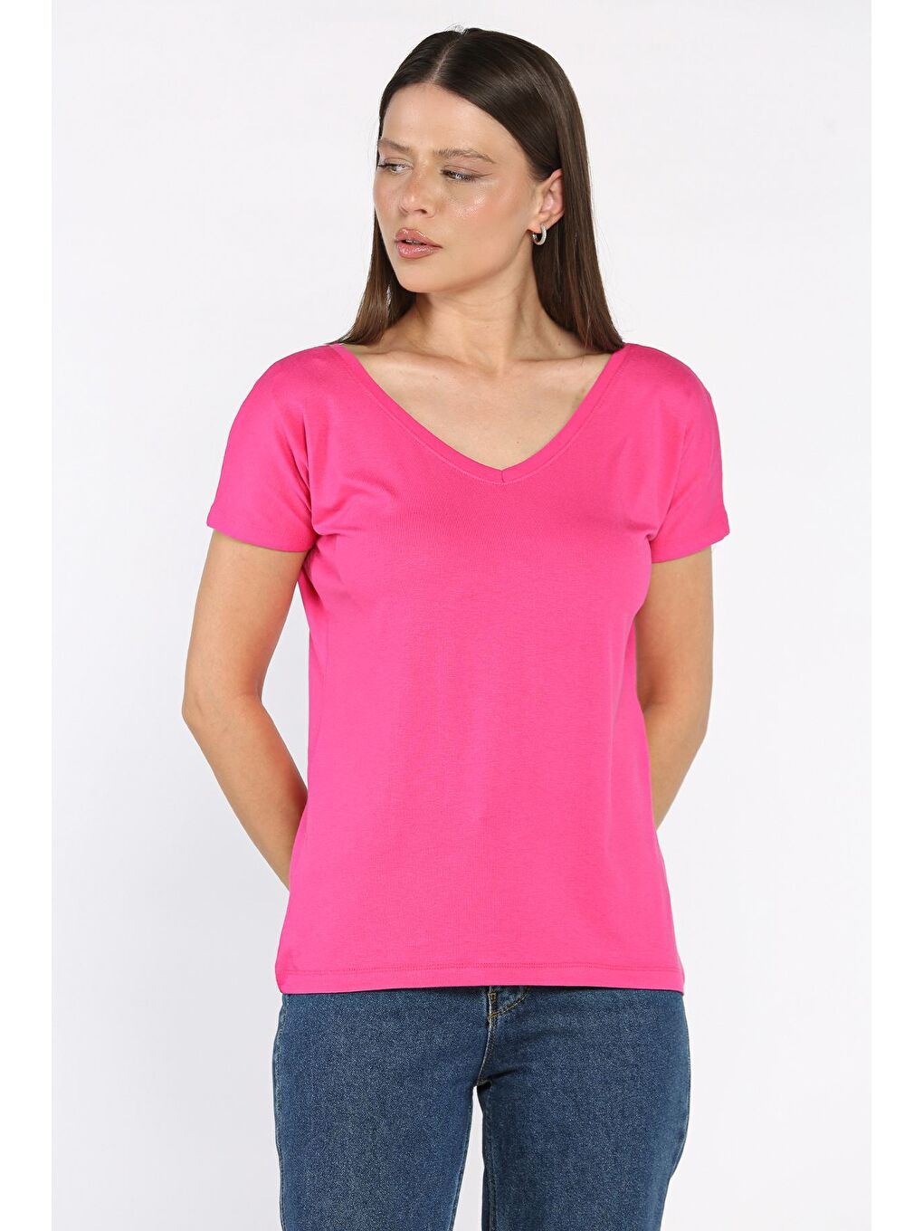 Fuşya Ön Arka V Yaka Kadın T-shirt-1
