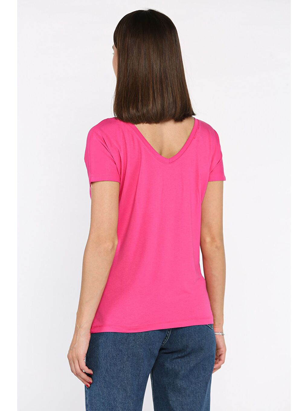 Fuşya Ön Arka V Yaka Kadın T-shirt-2