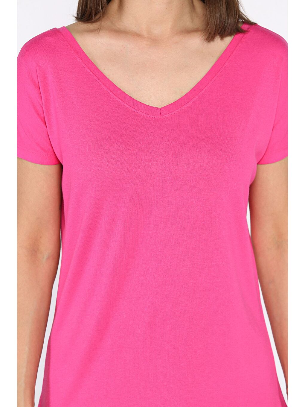 Fuşya Ön Arka V Yaka Kadın T-shirt-3