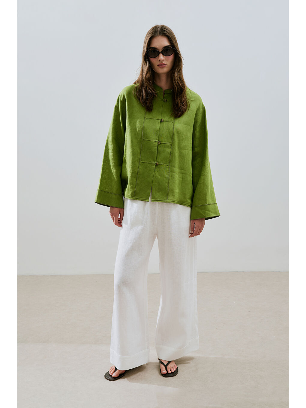 Keten Önden Düğmeli Gömlek Fıstık Yeşili-2