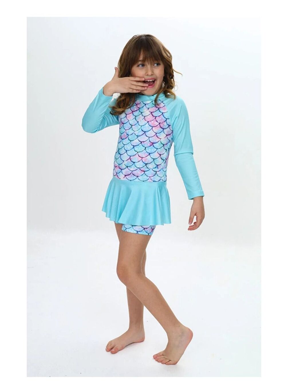 Mavi Etek Detaylı Kız Çocuk Desenli Mayo