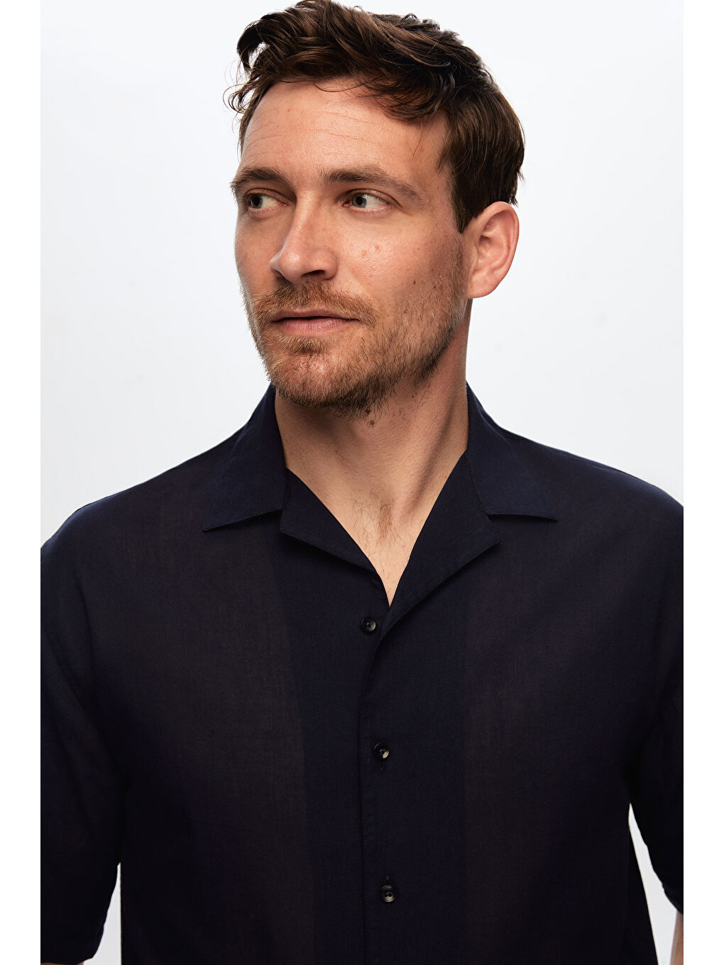 Ds Damat Relaxed Lacivert Düz Pamuklu Keten Görünümlü İzci Yaka Yazlık Gömlek-1