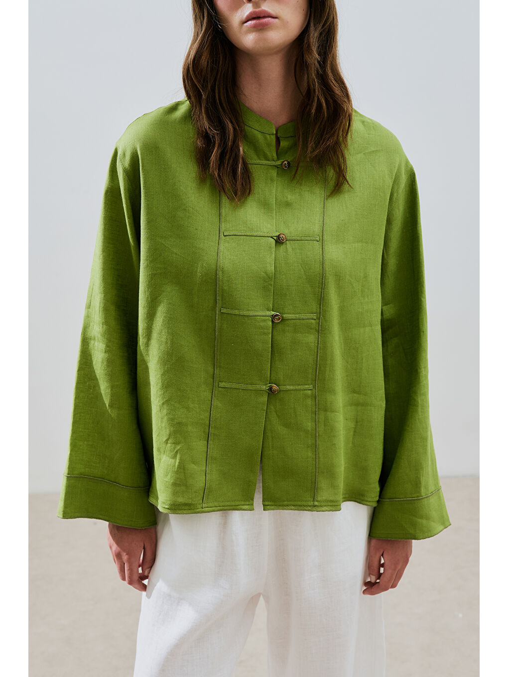 Keten Önden Düğmeli Gömlek Fıstık Yeşili-3