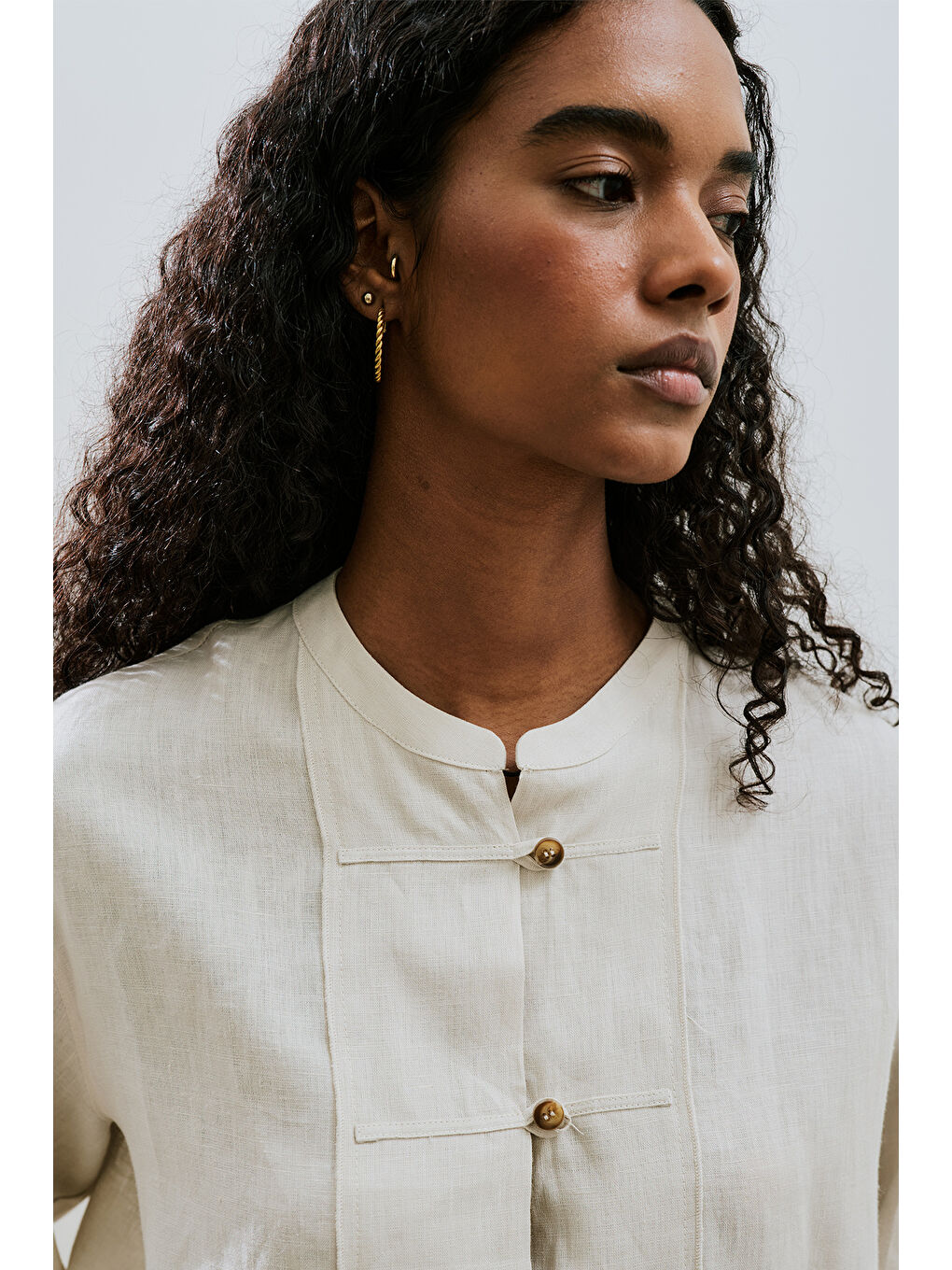 Bej Keten Önden Düğmeli Gömlek Taş-6