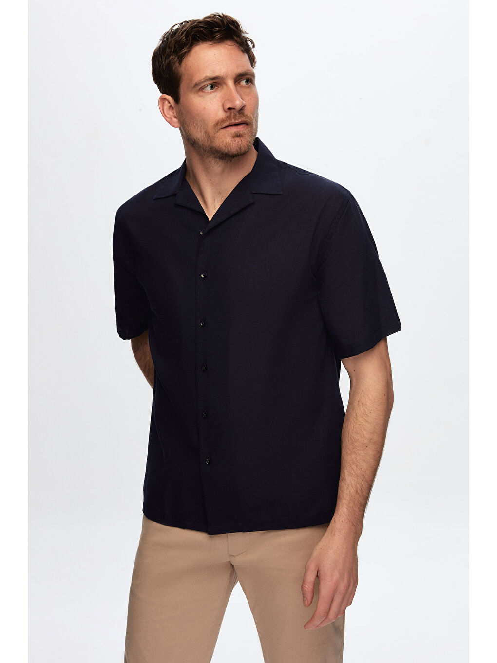 Ds Damat Relaxed Lacivert Düz Pamuklu Keten Görünümlü İzci Yaka Yazlık Gömlek-2