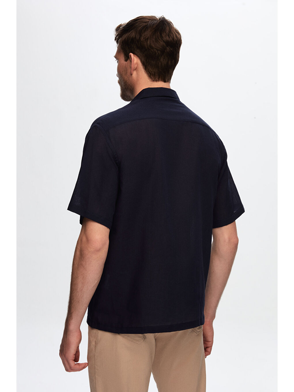 Ds Damat Relaxed Lacivert Düz Pamuklu Keten Görünümlü İzci Yaka Yazlık Gömlek-3