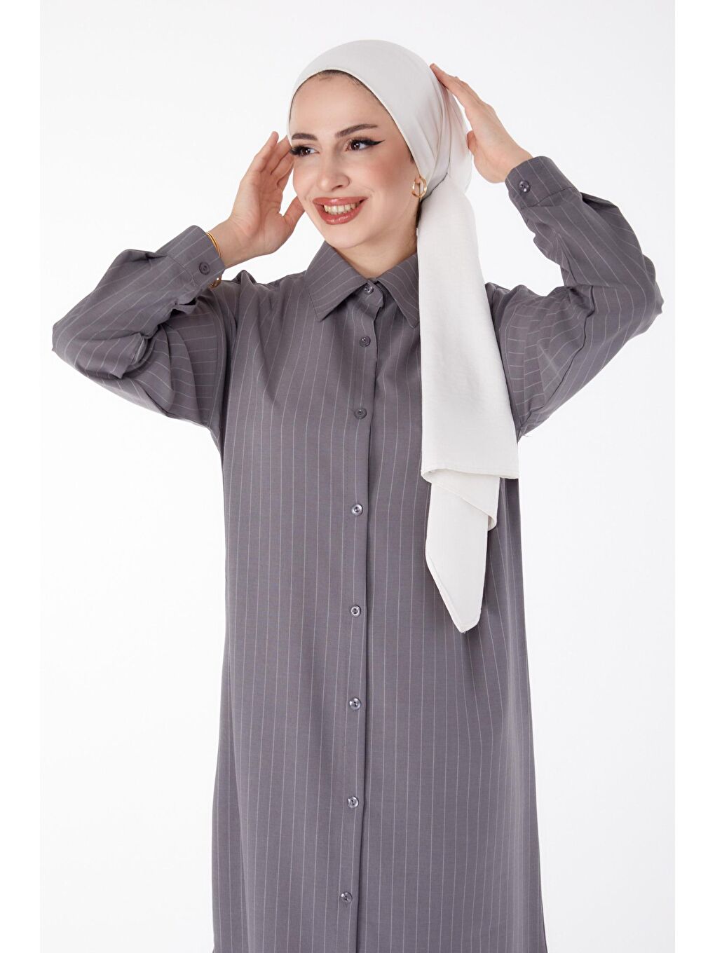 Gömlek Yaka Kadın Antrasit Çizgili Kap - 24615-1