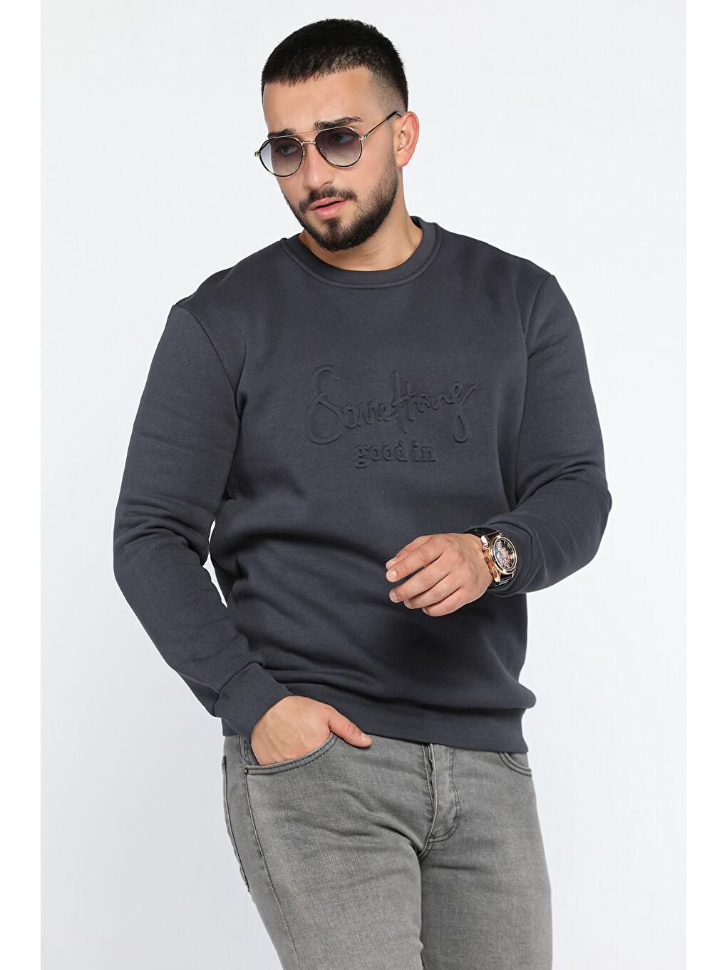 Mishar İtalia Gri Erkek Bisiklet Yaka Şardonlu Üç İplik Sweatshirt - 1