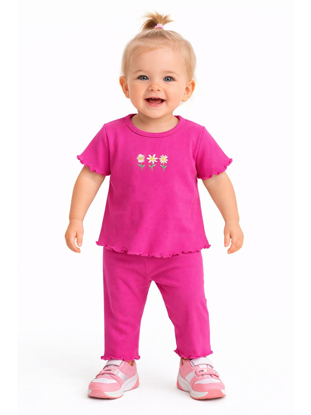 Fuşya Çiçek Nakışlı Fırfır Detaylı Kız Bebek 2’li Takım