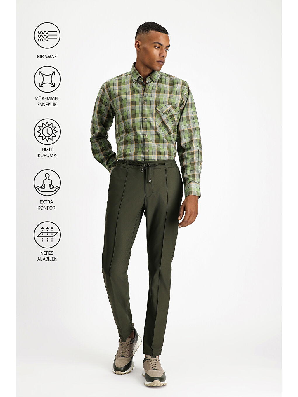 Haki Techno-Line Super Slim Fit Ekstra Dar Kesim Elastanlı Beli Lastikli İpli Klasik Kumaş Pantolon