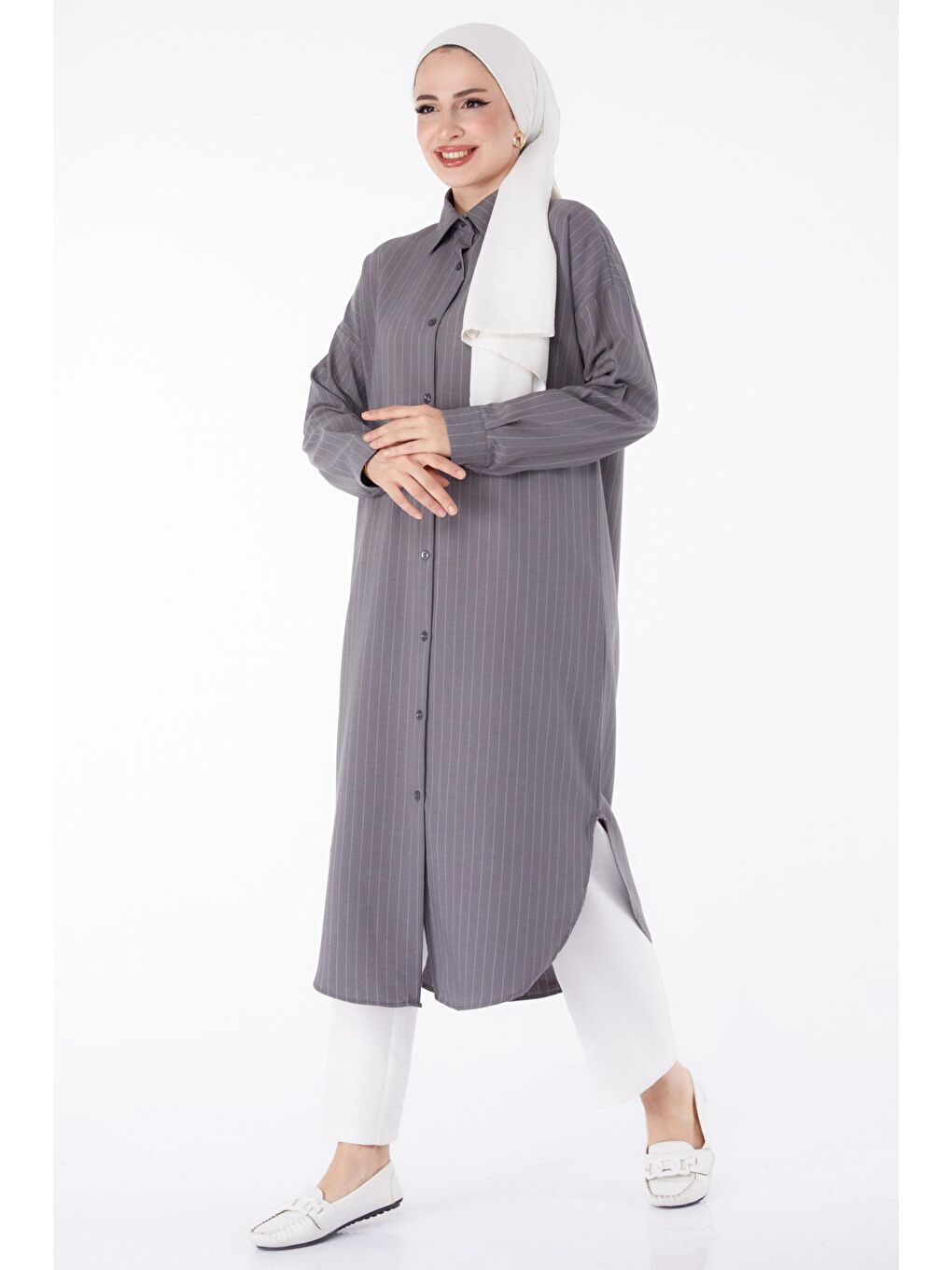 Gömlek Yaka Kadın Antrasit Çizgili Kap - 24615-2