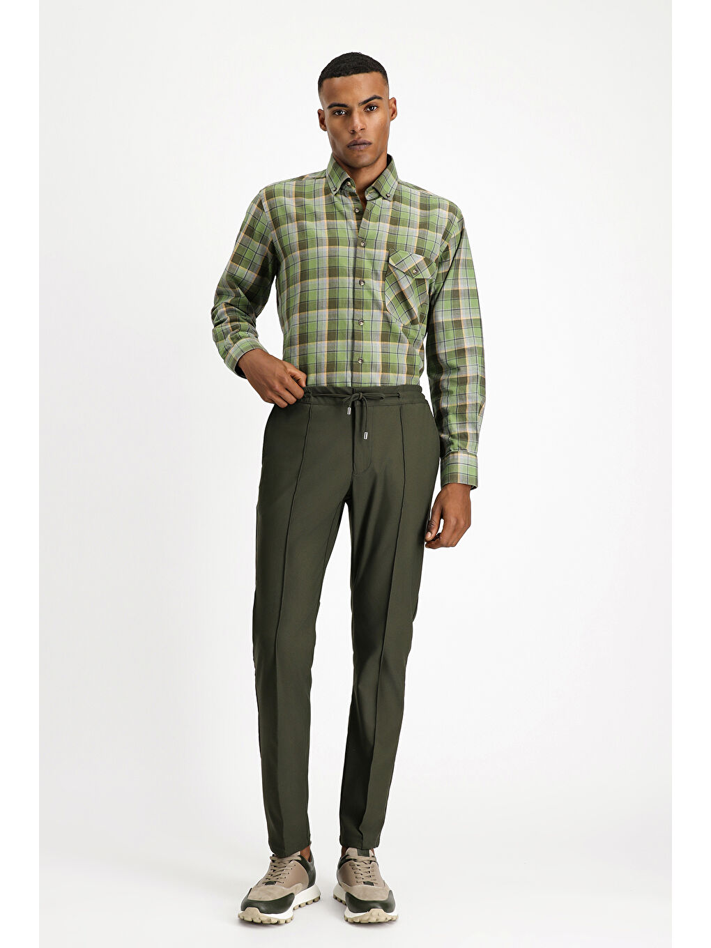 Haki Techno-Line Super Slim Fit Ekstra Dar Kesim Elastanlı Beli Lastikli İpli Klasik Kumaş Pantolon-1