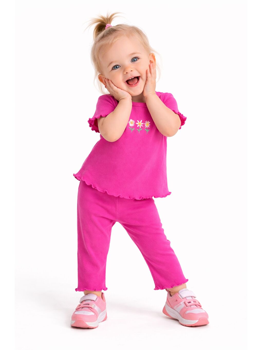 Fuşya Çiçek Nakışlı Fırfır Detaylı Kız Bebek 2’li Takım-1