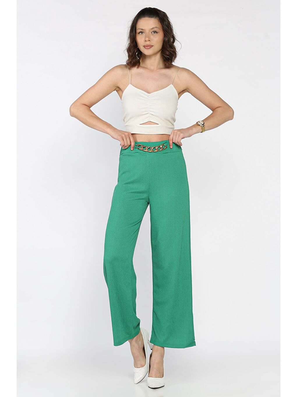 Yeşil Kadın Bel Lastikli Zincir Aksesuarlı Pantolon-1