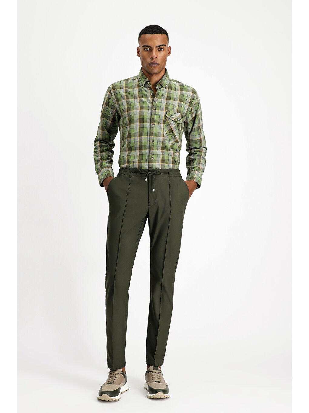 Haki Techno-Line Super Slim Fit Ekstra Dar Kesim Elastanlı Beli Lastikli İpli Klasik Kumaş Pantolon-2