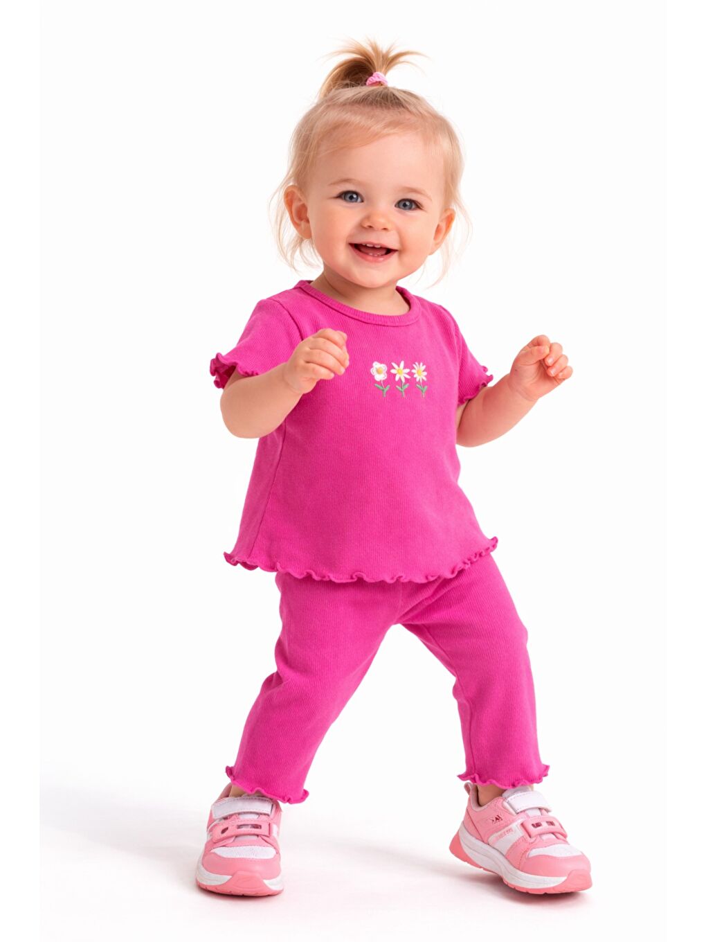Fuşya Çiçek Nakışlı Fırfır Detaylı Kız Bebek 2’li Takım-2