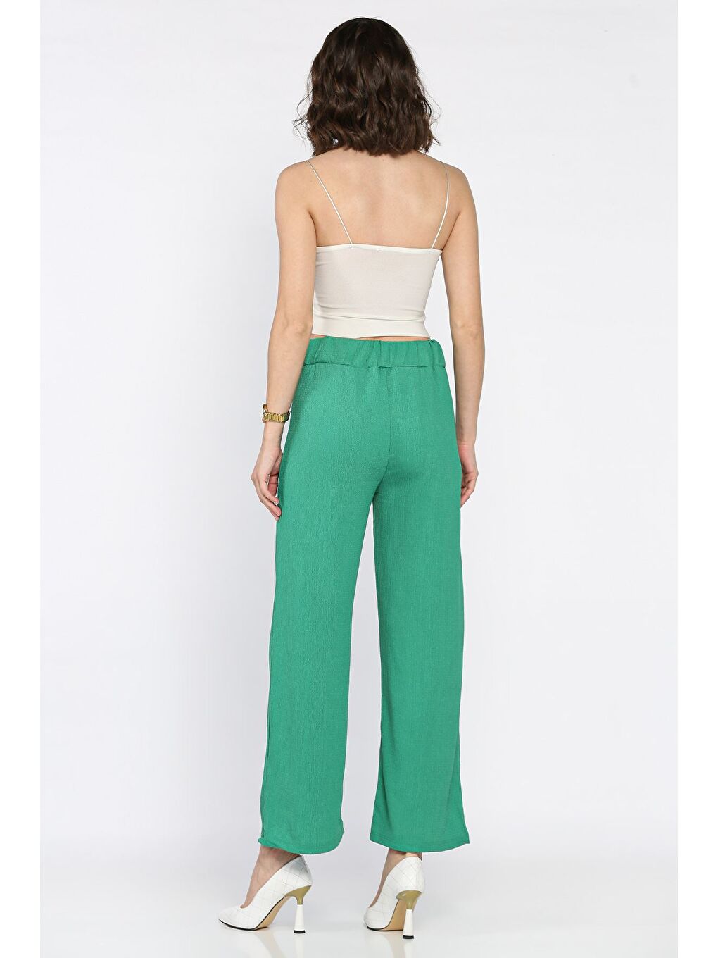 Yeşil Kadın Bel Lastikli Zincir Aksesuarlı Pantolon-2