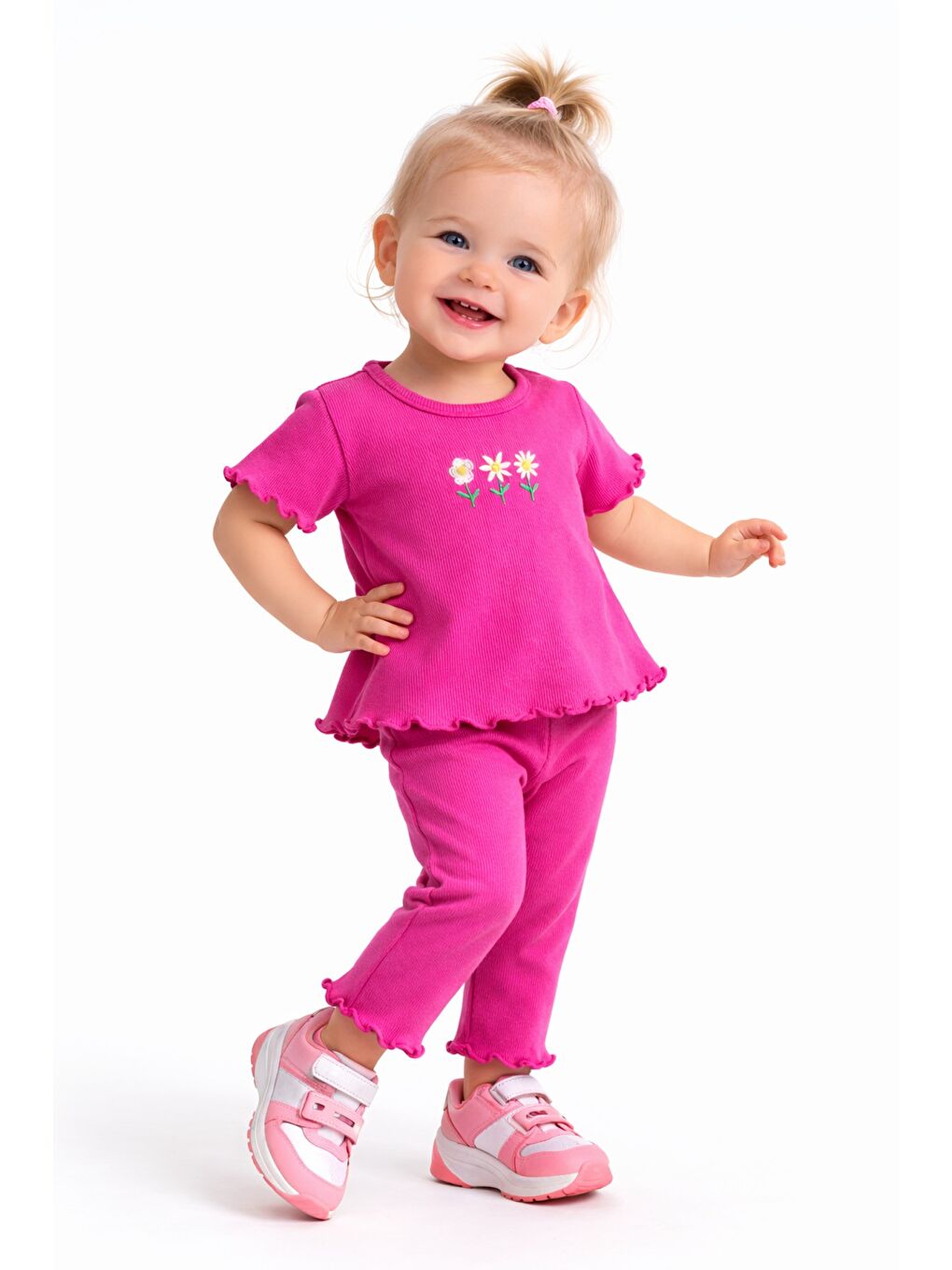 Fuşya Çiçek Nakışlı Fırfır Detaylı Kız Bebek 2’li Takım-3