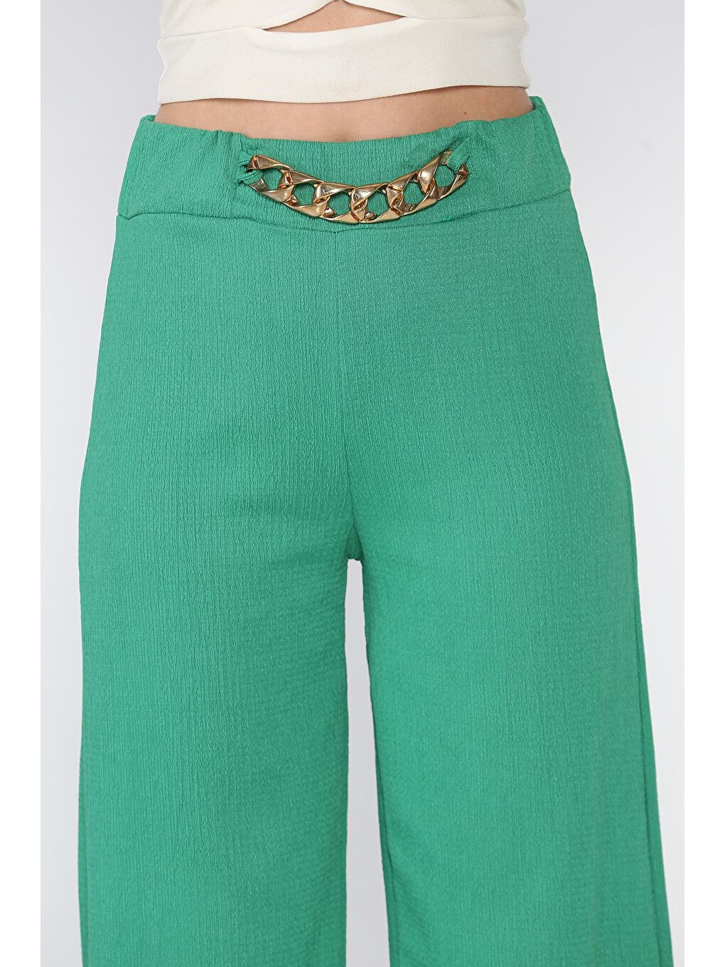 Yeşil Kadın Bel Lastikli Zincir Aksesuarlı Pantolon-3