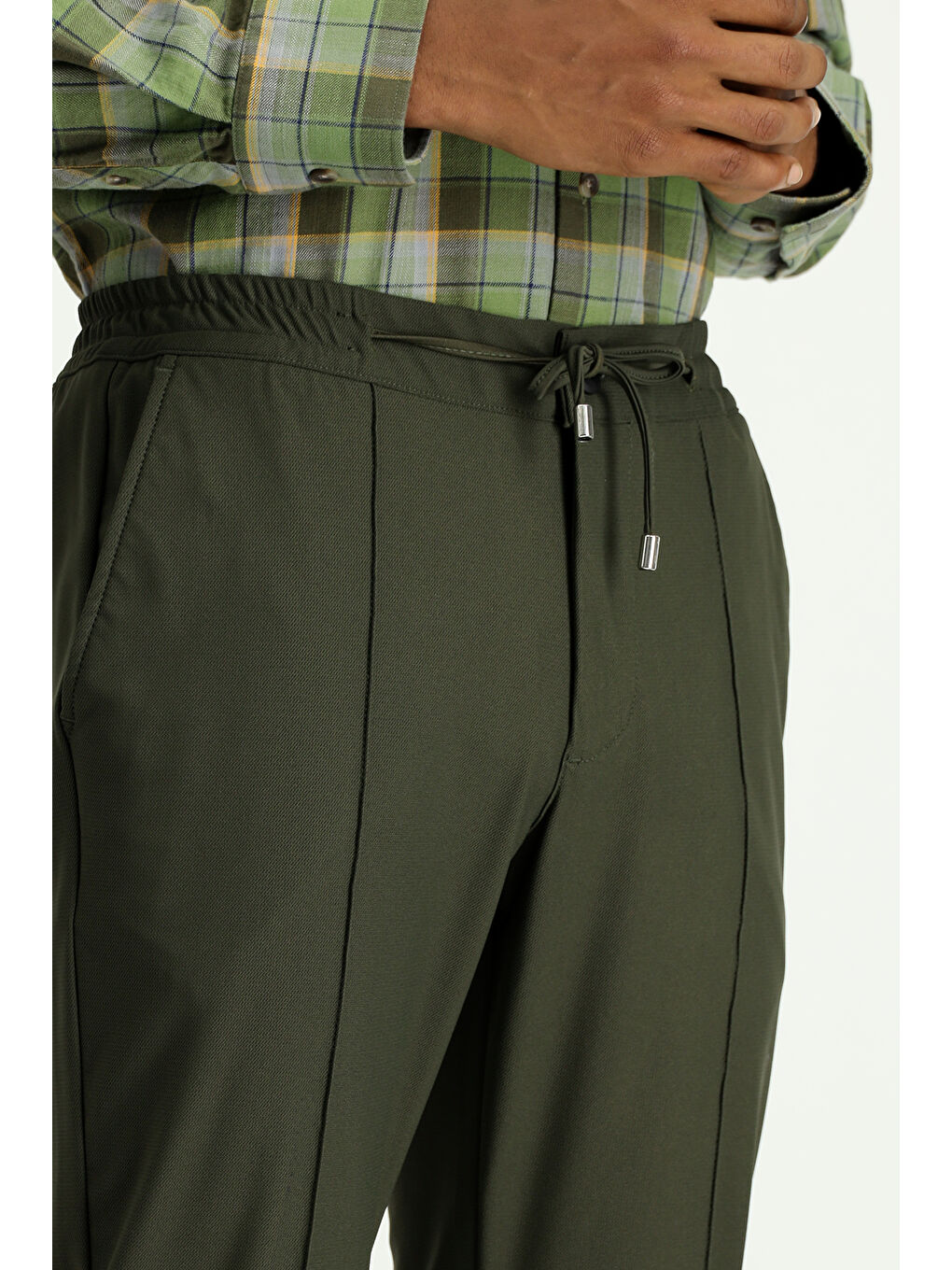 Haki Techno-Line Super Slim Fit Ekstra Dar Kesim Elastanlı Beli Lastikli İpli Klasik Kumaş Pantolon-3