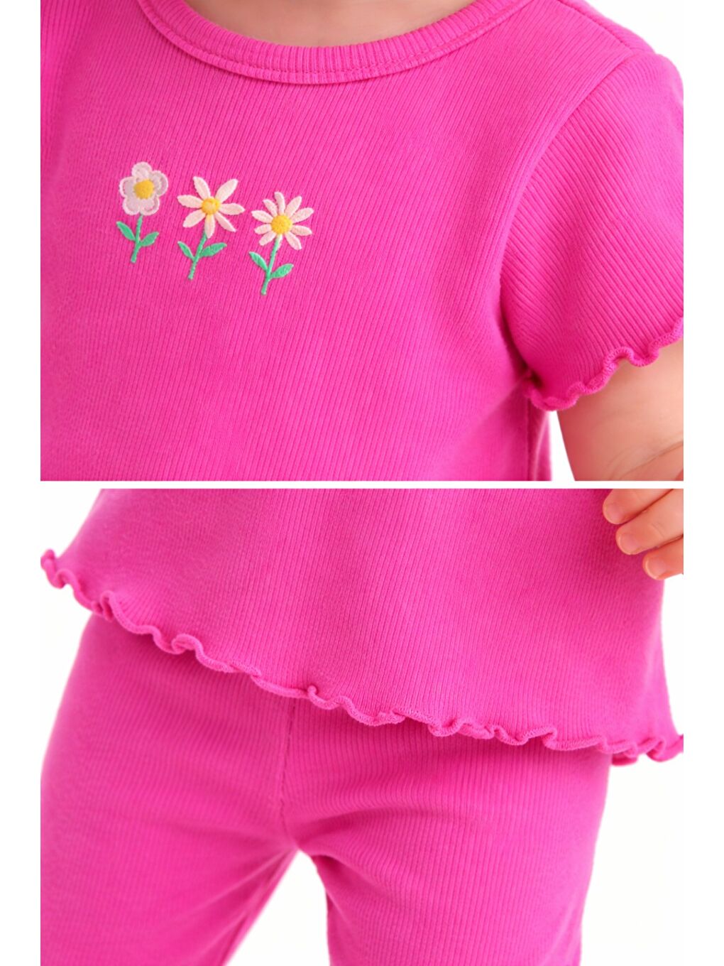 Fuşya Çiçek Nakışlı Fırfır Detaylı Kız Bebek 2’li Takım-4