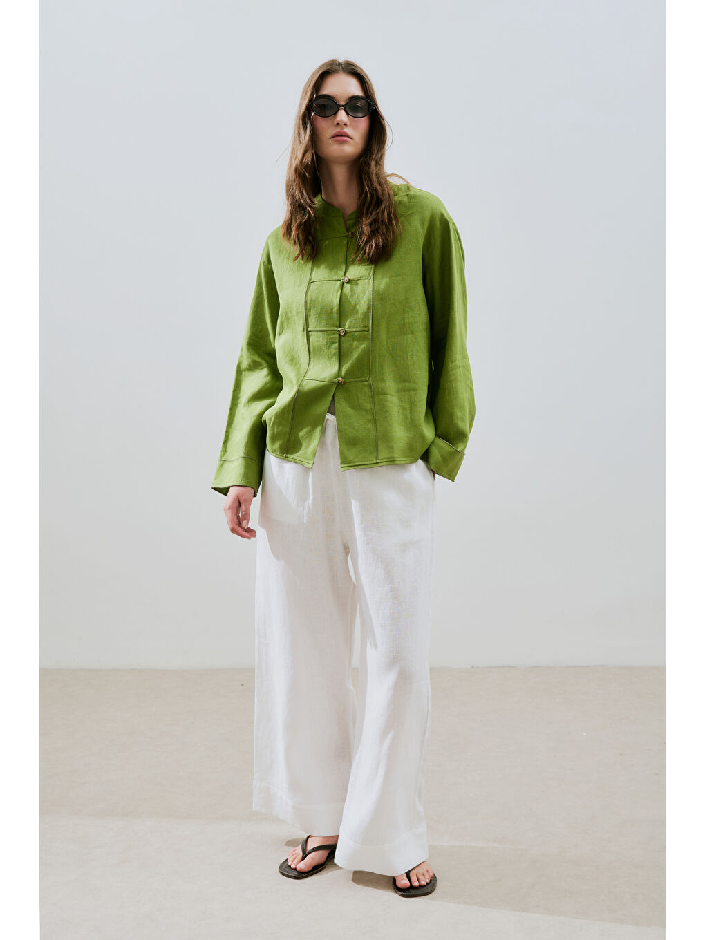 Keten Önden Düğmeli Gömlek Fıstık Yeşili-5