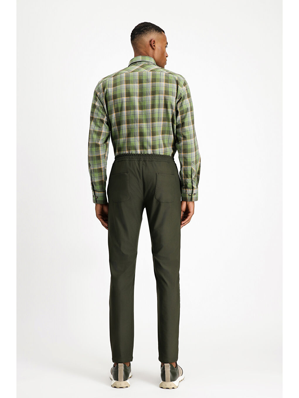 Haki Techno-Line Super Slim Fit Ekstra Dar Kesim Elastanlı Beli Lastikli İpli Klasik Kumaş Pantolon-4