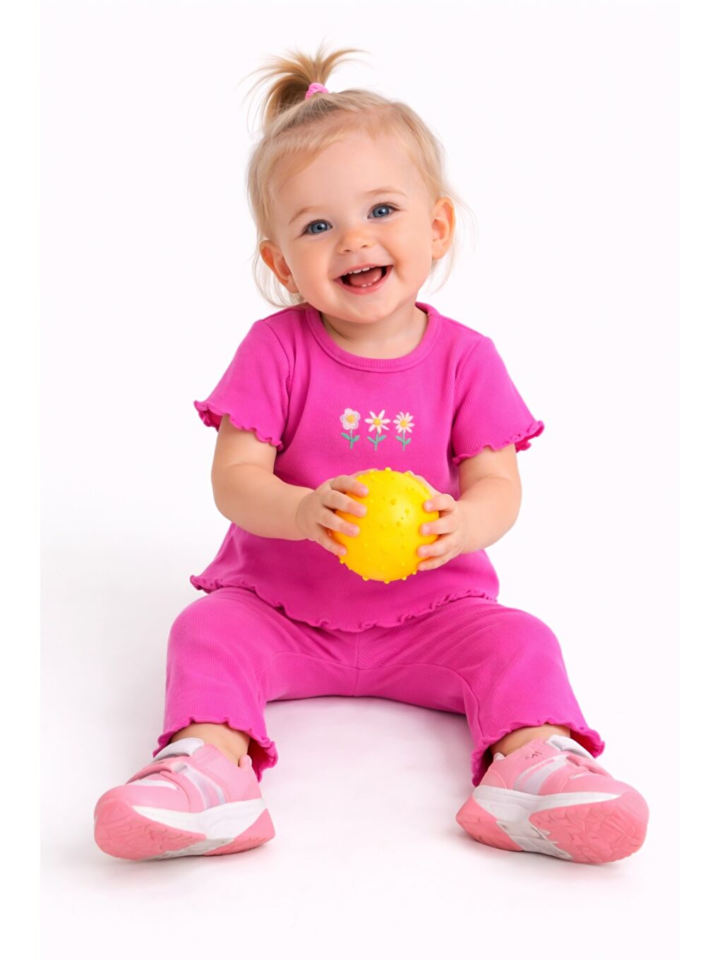 Fuşya Çiçek Nakışlı Fırfır Detaylı Kız Bebek 2’li Takım-5