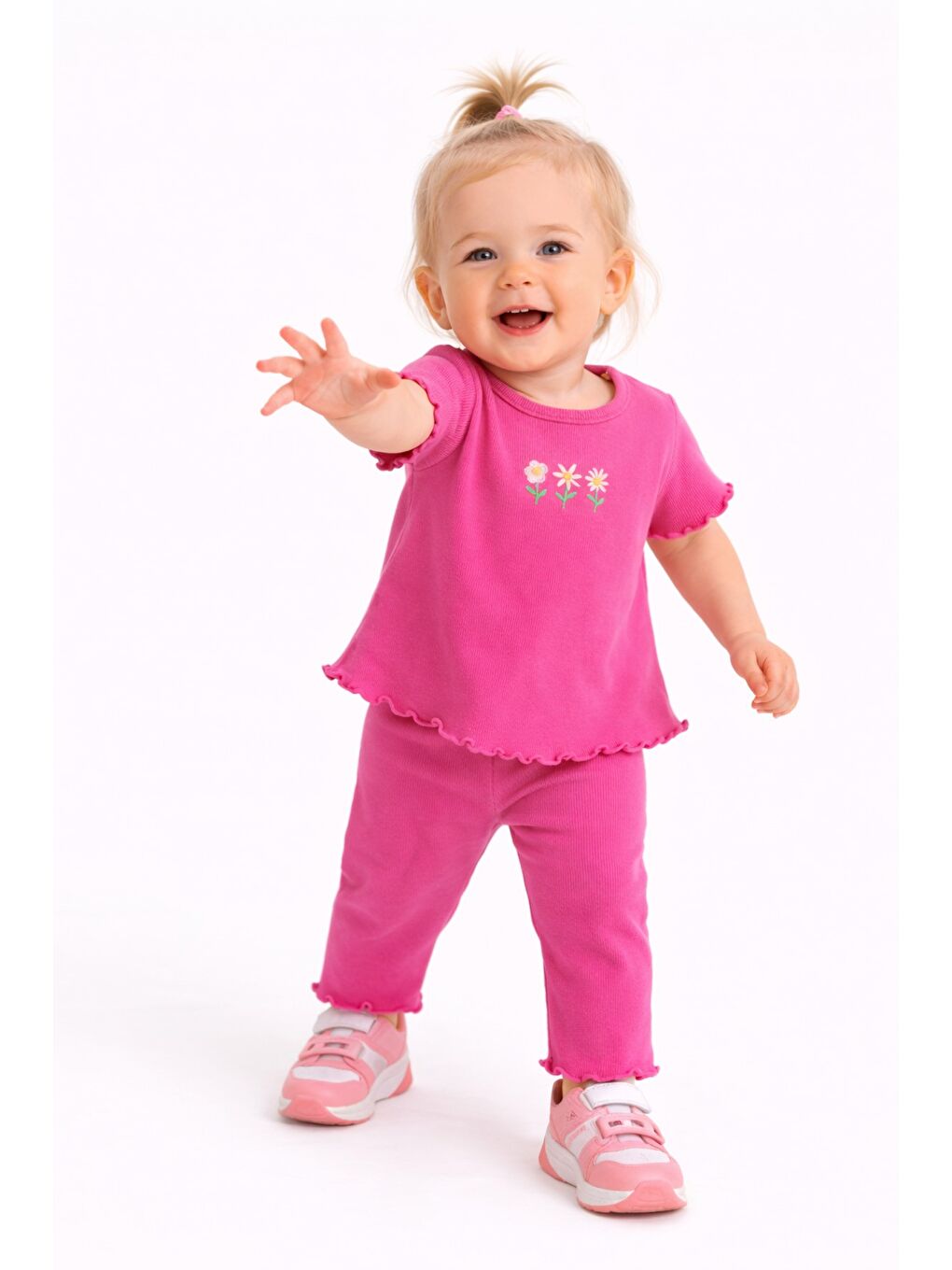 Fuşya Çiçek Nakışlı Fırfır Detaylı Kız Bebek 2’li Takım-6