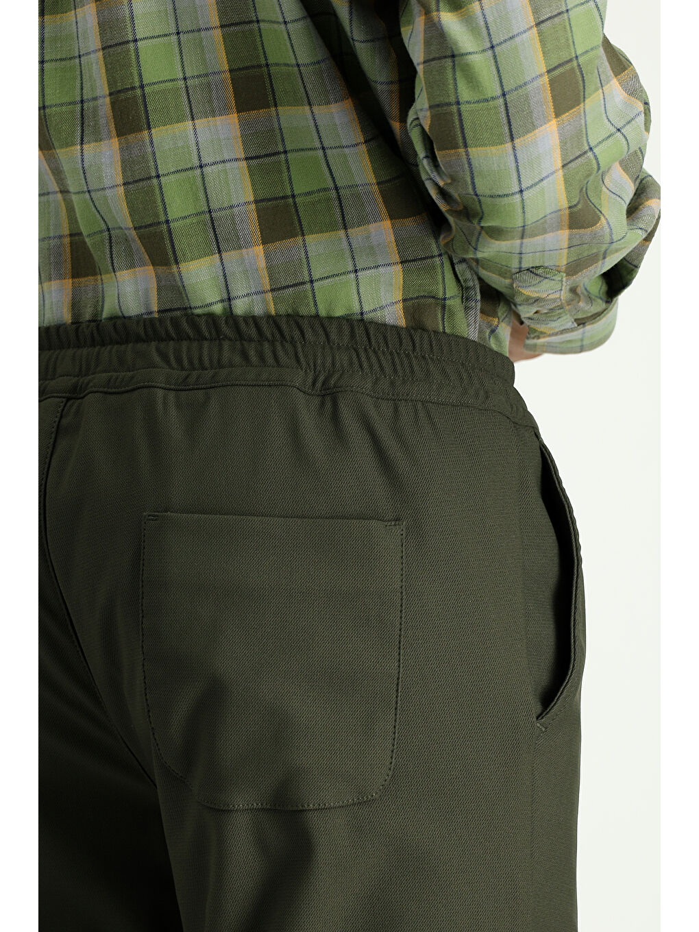 Haki Techno-Line Super Slim Fit Ekstra Dar Kesim Elastanlı Beli Lastikli İpli Klasik Kumaş Pantolon-5