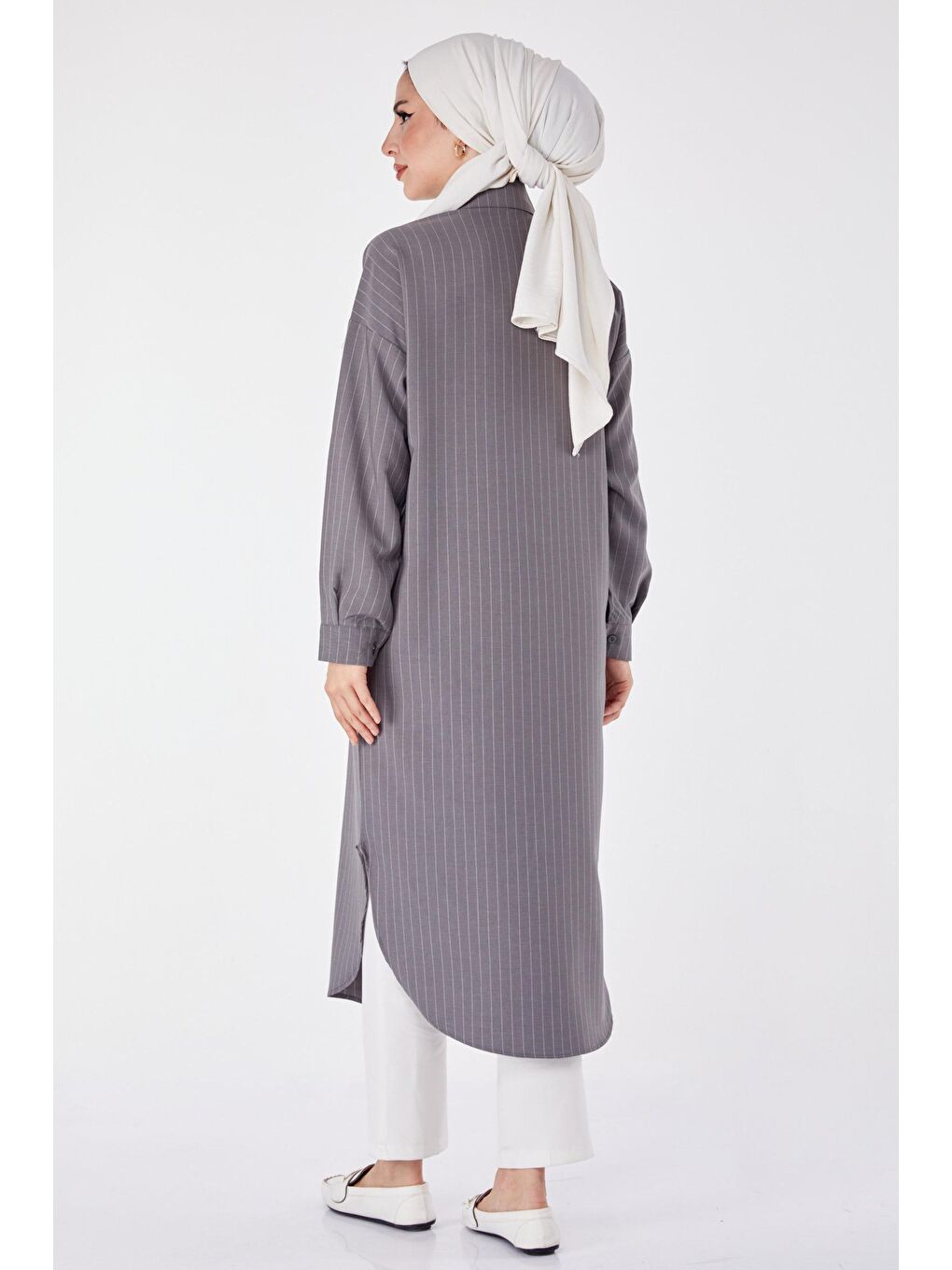 Gömlek Yaka Kadın Antrasit Çizgili Kap - 24615-4