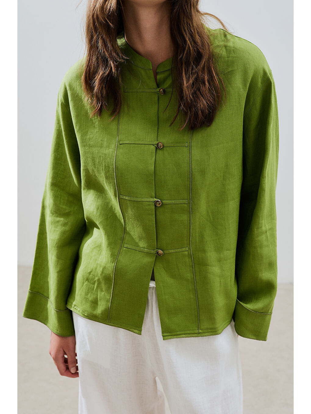 Keten Önden Düğmeli Gömlek Fıstık Yeşili-7