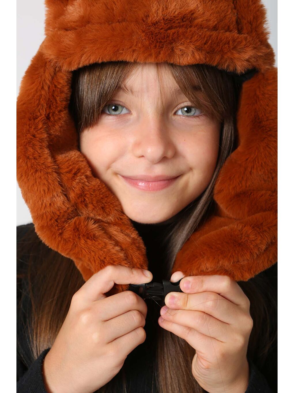 Kahverengi Çocuk Çıtçıtlı Kürklü Kulaklıklı Pelüş Bere Şapka RKŞ Ç 03 Kiremit-1