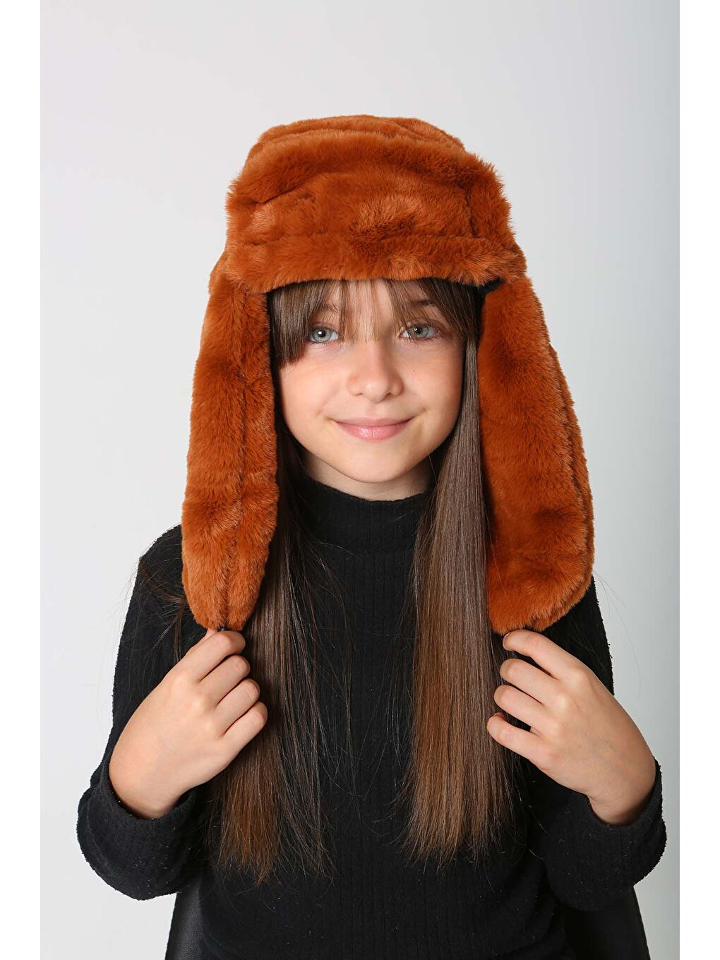 Kahverengi Çocuk Çıtçıtlı Kürklü Kulaklıklı Pelüş Bere Şapka RKŞ Ç 03 Kiremit-2